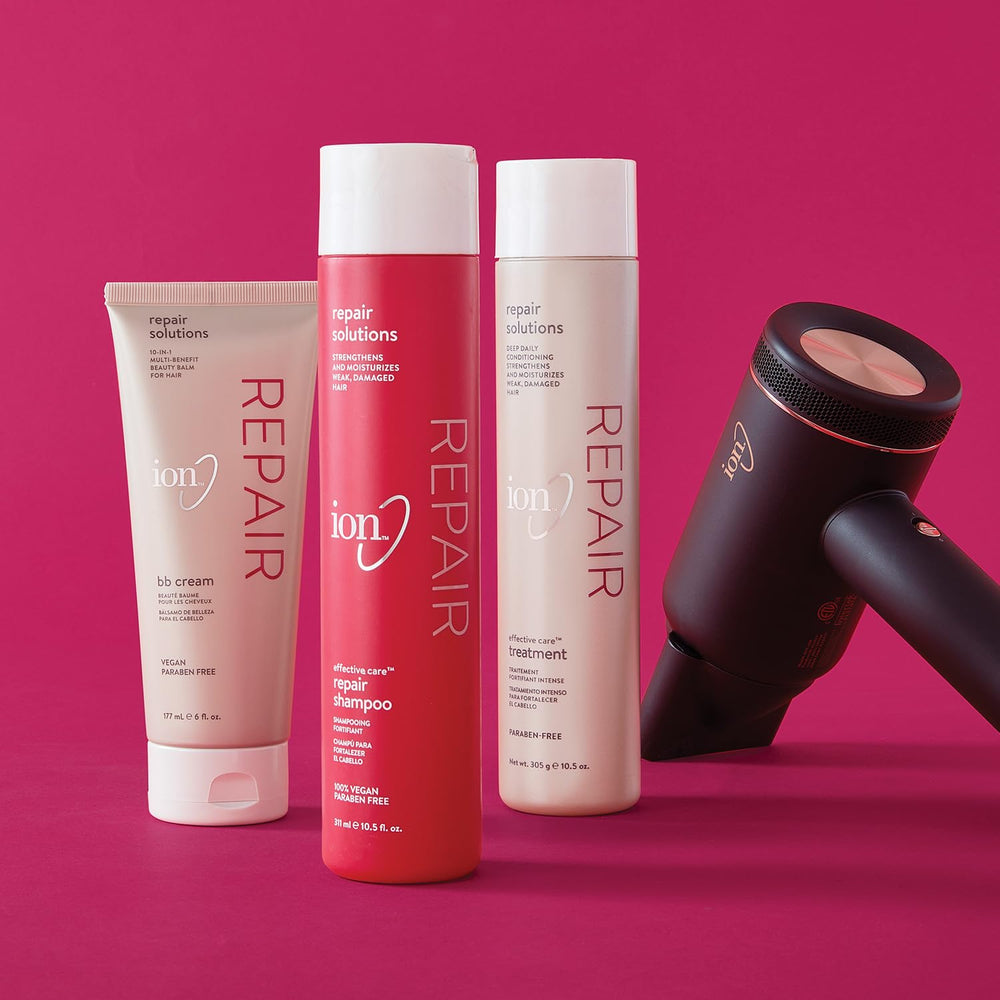 ion hair-care regimen using shampoo on sink counter demonstrates routine-friendly cleansing
