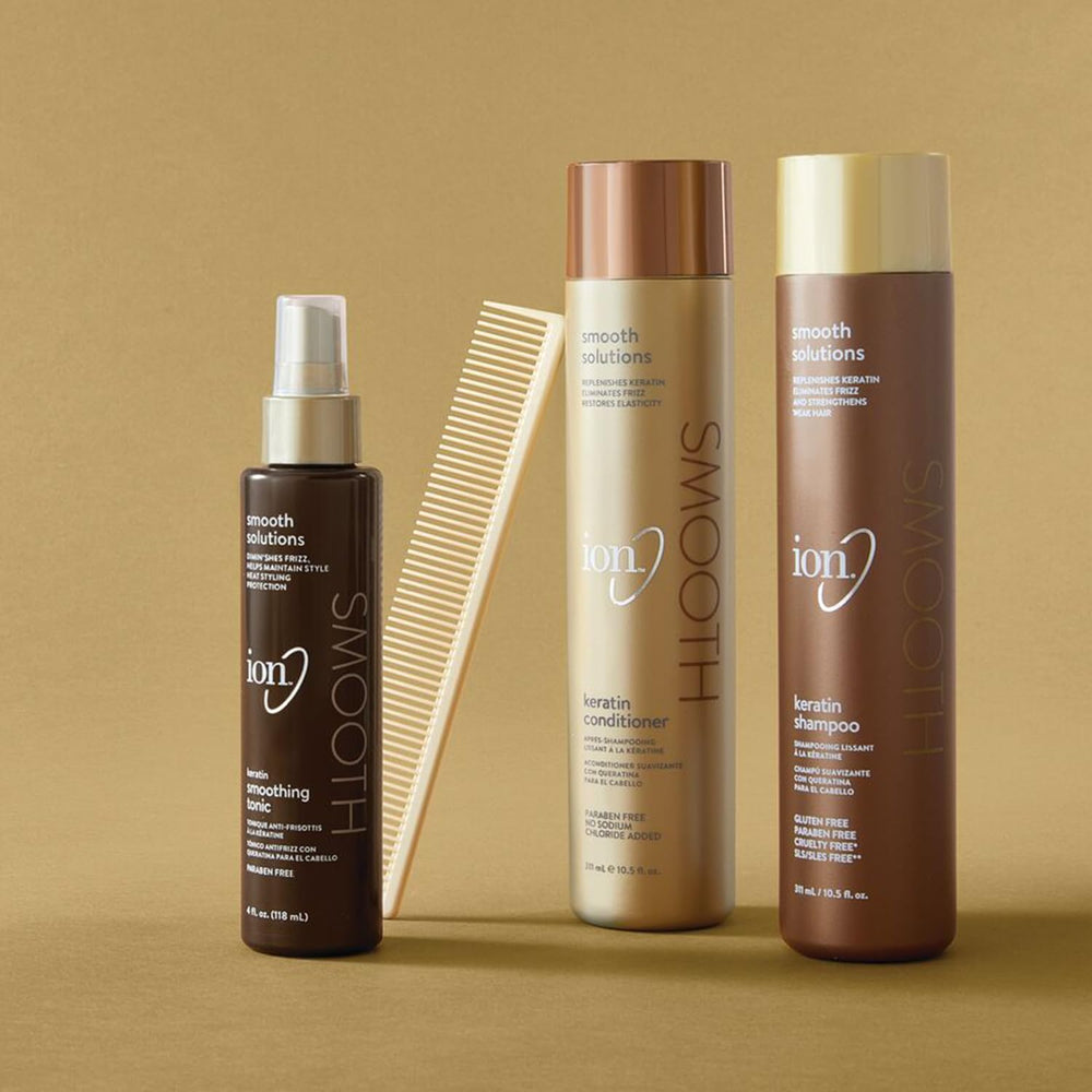 ion Keratin Smoothing Conditioner with keratin imagery suggests moisture and strength