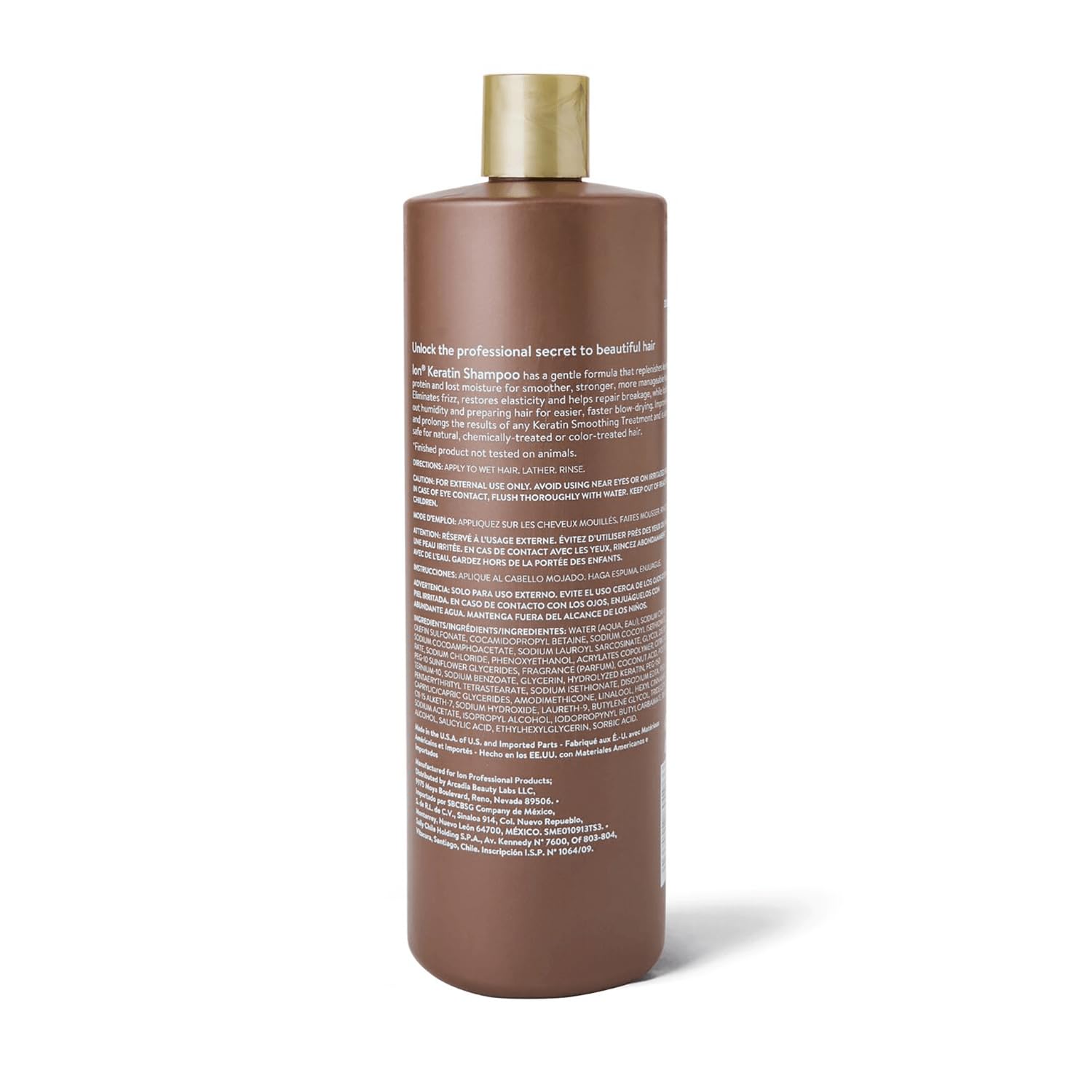 Ion Keratin Smoothing Shampoo pour captures rich lather ready to cleanse and renew hair.
