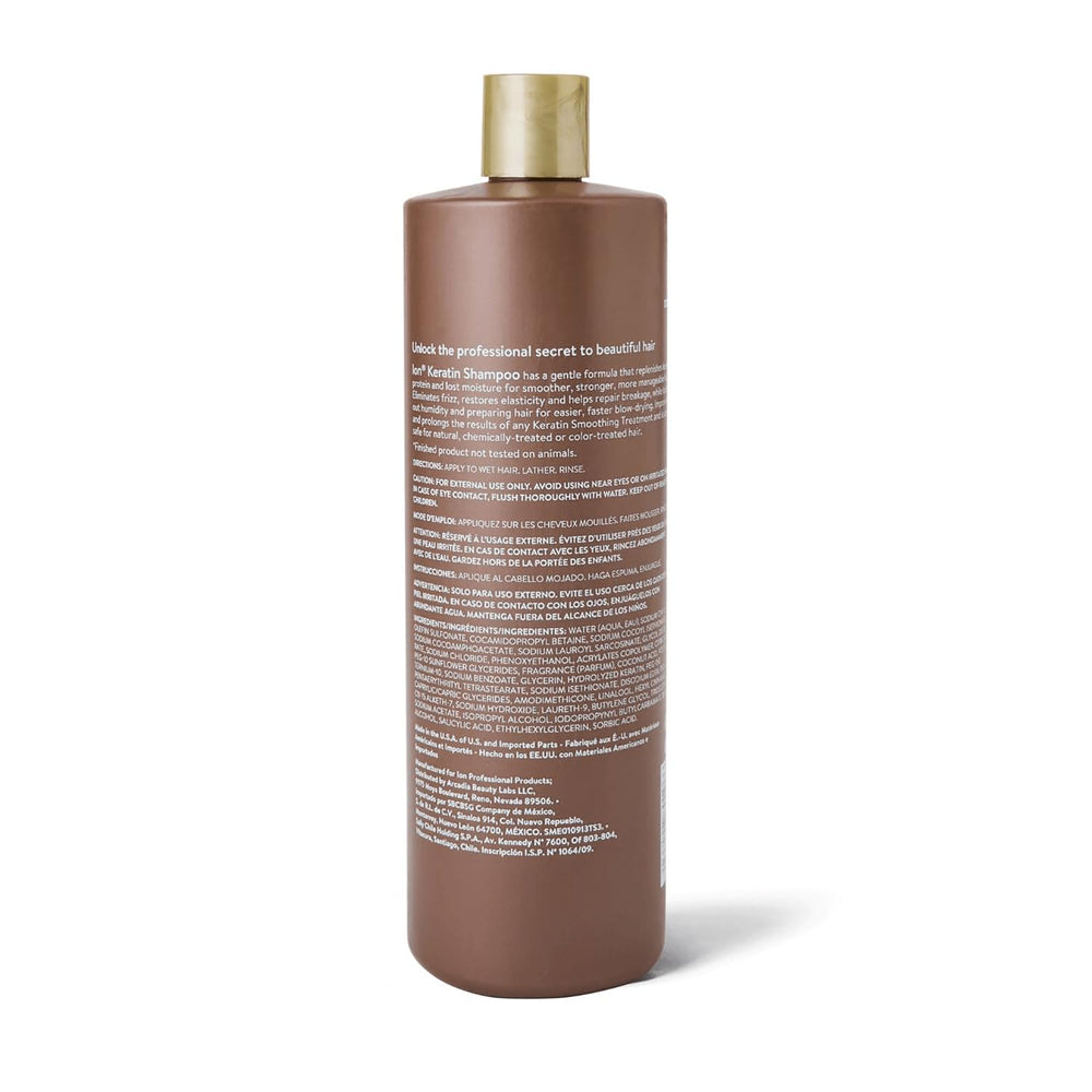 Ion Keratin Smoothing Shampoo pour captures rich lather ready to cleanse and renew hair.