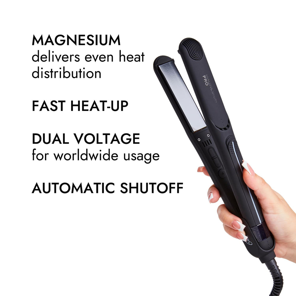 Ion Magnesium flat iron dual voltage image highlighting worldwide compatibility for travelers.