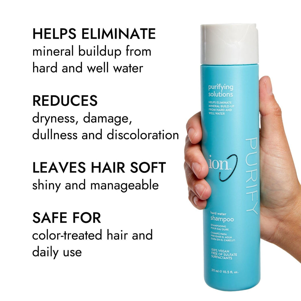 ion Purifying Solutions Hard Water Shampoo bottle communicates reduced dullness and dryness for healthier shine.
