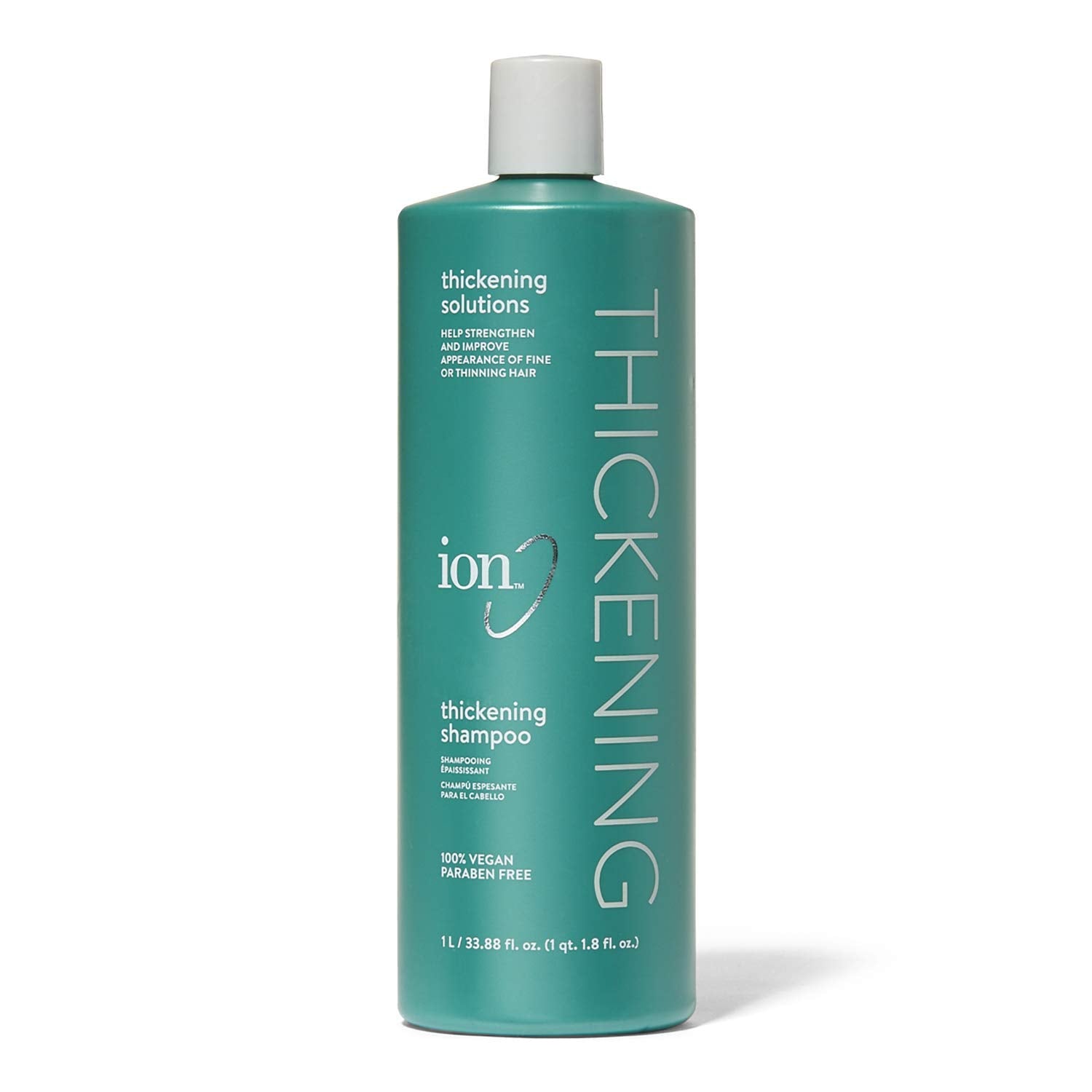 Ion Thickening Shampoo bottle pouring, promoting gentle cleansing and added volume