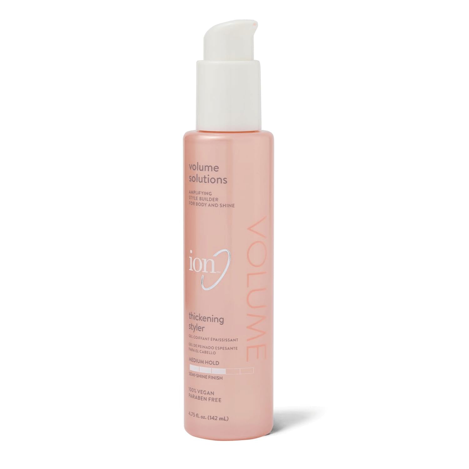 ion Thickening Styler bottle front shows lightweight hold and volume boost.