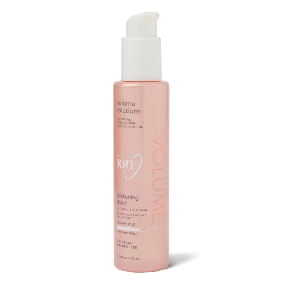 ion Thickening Styler bottle front shows lightweight hold and volume boost.