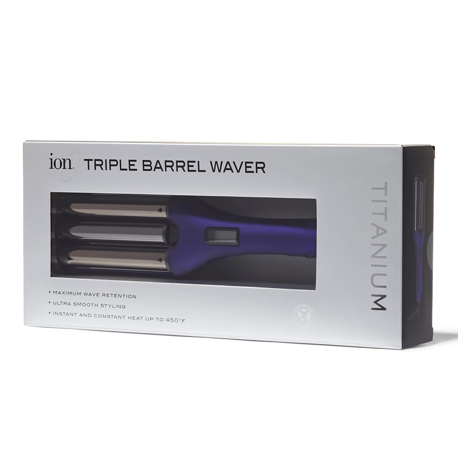 Ion Titanium Triple Barrel Waver barrel close-up shows smooth titanium surface.