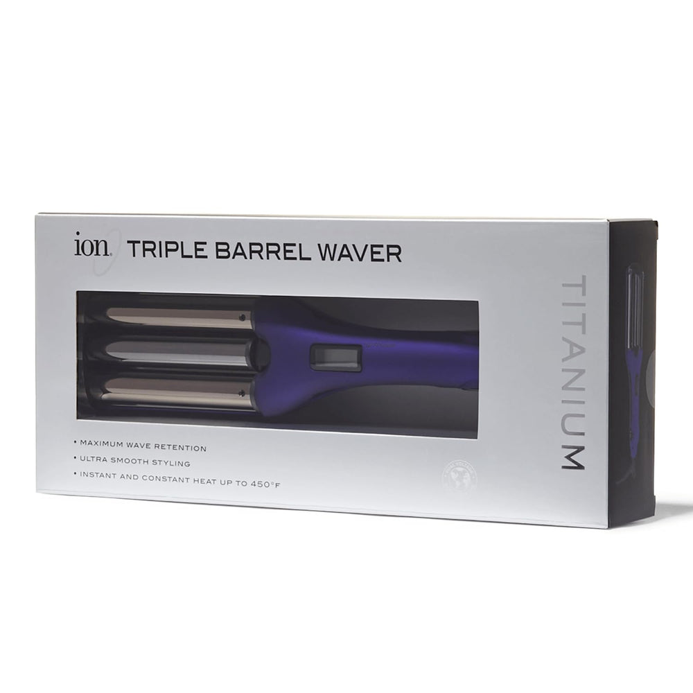 Ion Titanium Triple Barrel Waver barrel close-up shows smooth titanium surface.