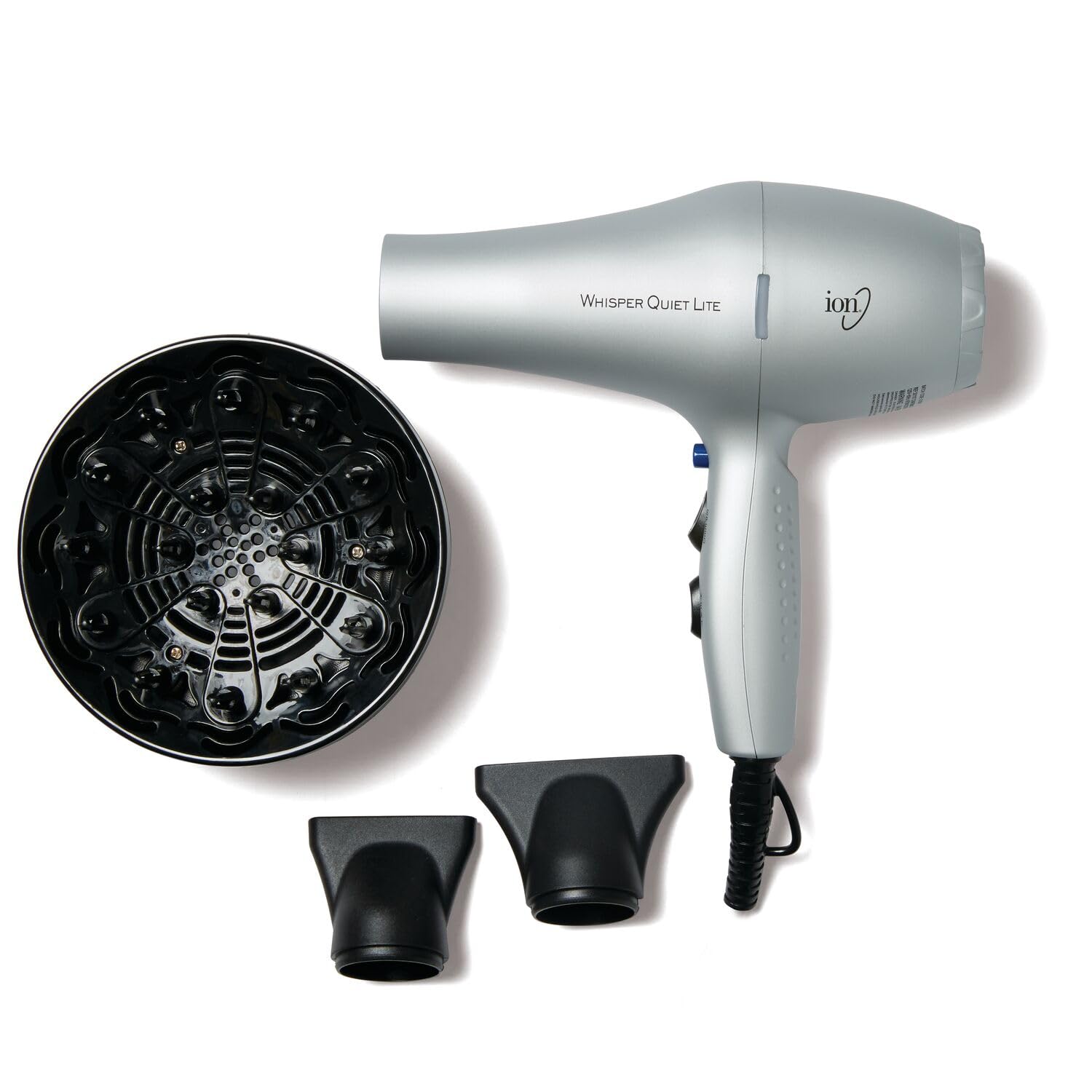 Ion Whisper Quiet Lite hair dryer front view highlights lightweight comfort for fast styling sessions