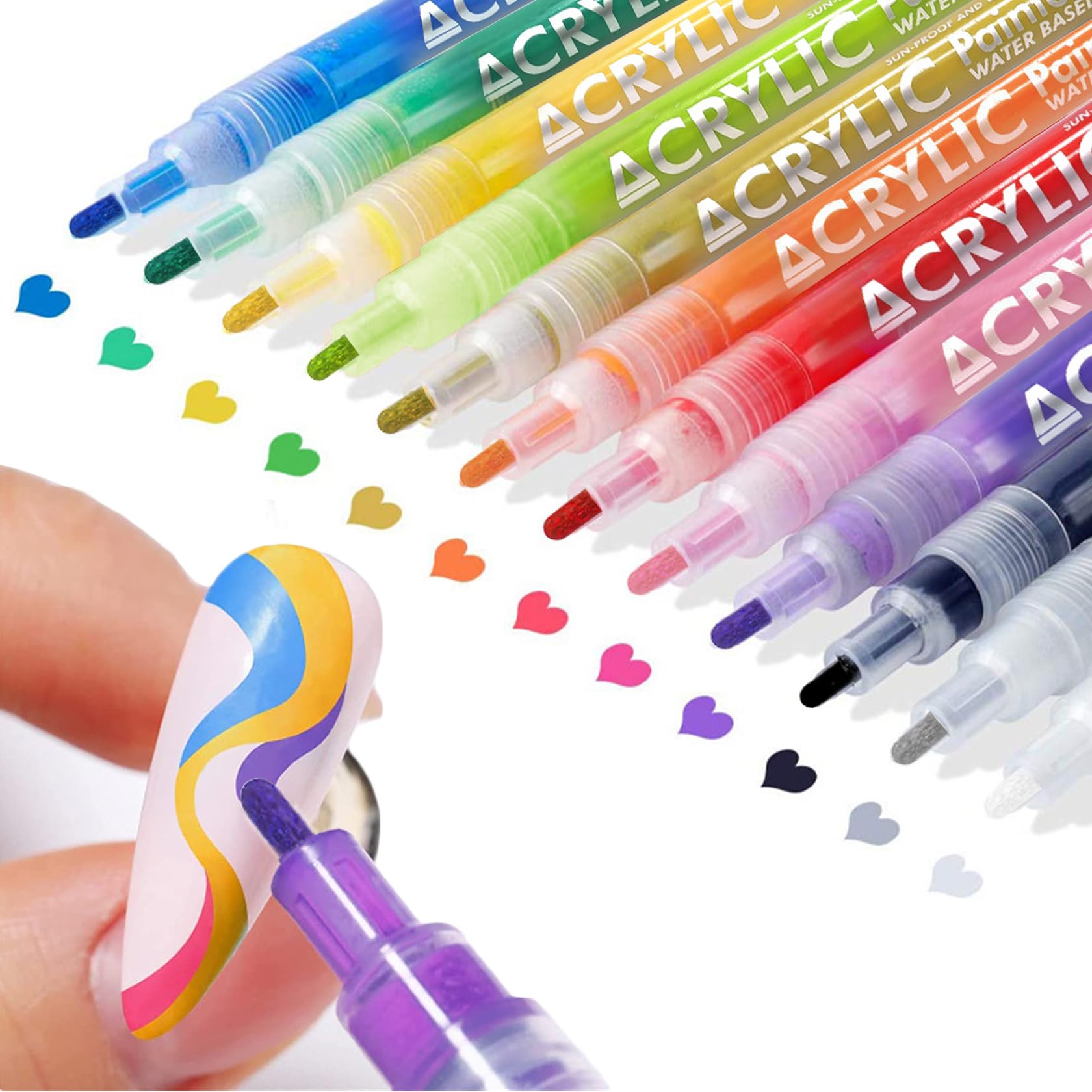 IONSGAKO 12-color nail art pens swatches show vibrant quick-dry shades for DIY nails.