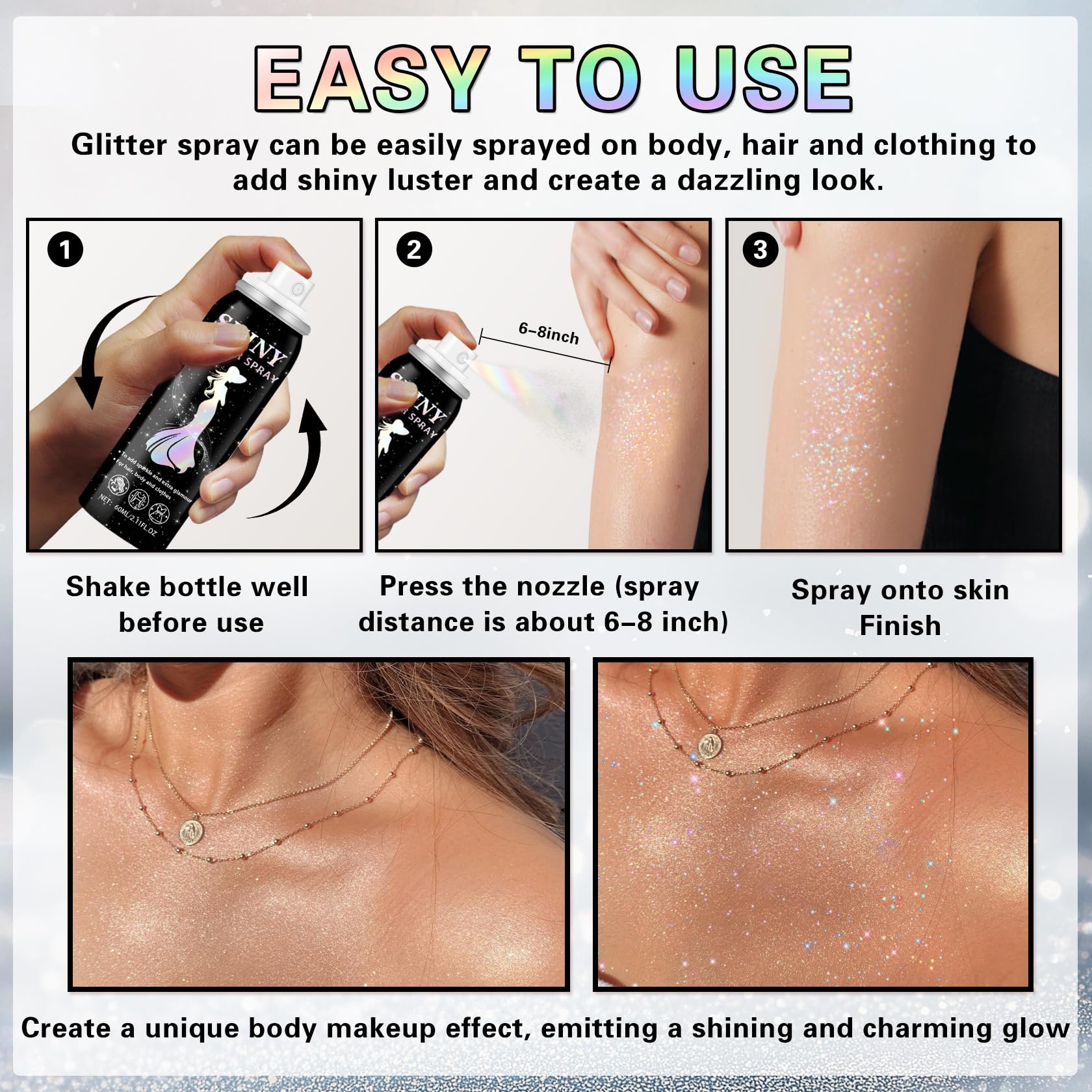 IONSGAKO compact 60ml bottle fits in a purse for on-the-go shimmer.
