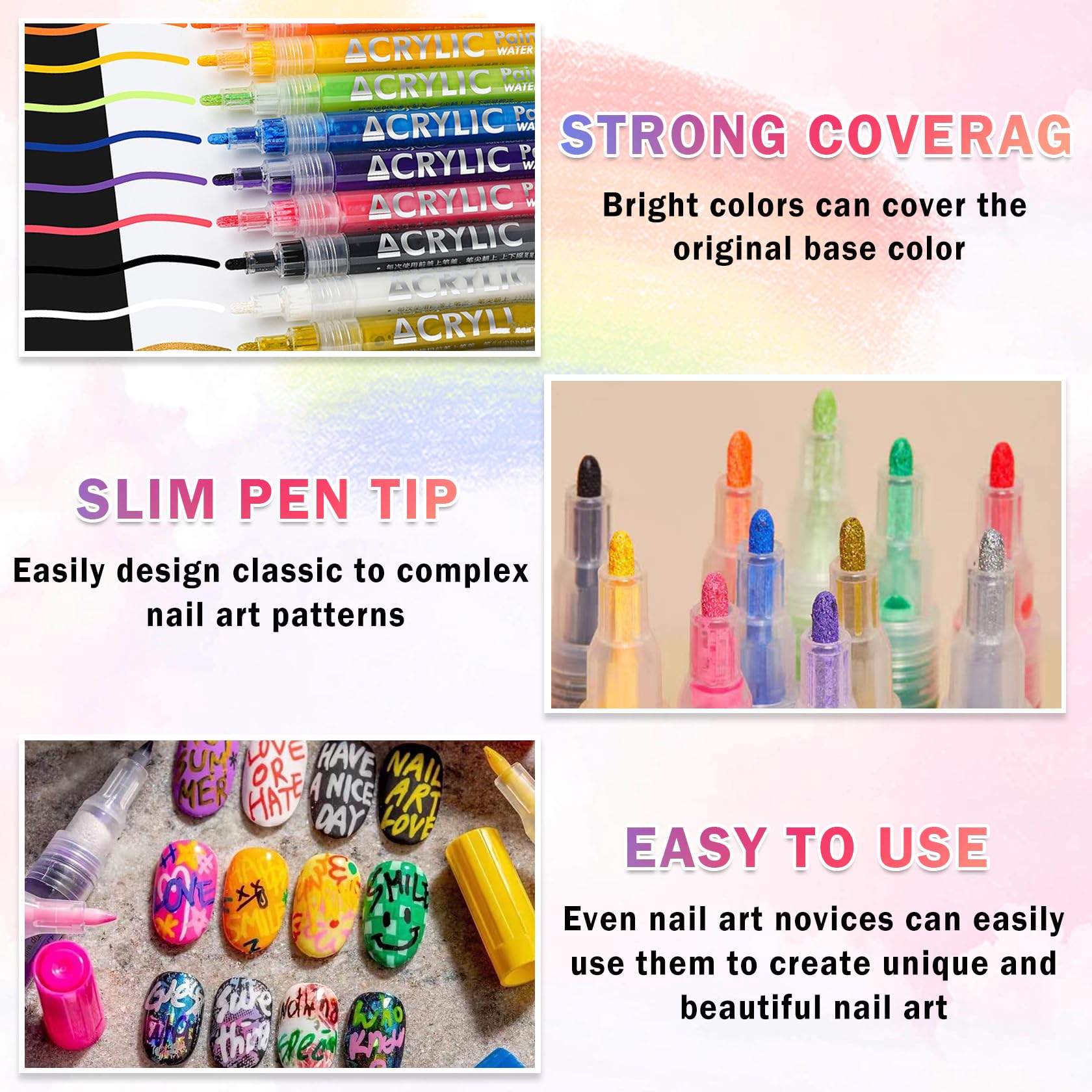IONSGAKO quick-dry waterproof nail art pens deliver long-lasting color on nails.