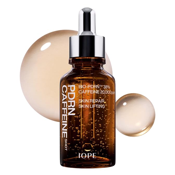 IOPE Bio-PDRN Caffeine Shot Serum bottle closeup highlighting lifting and firming potential.