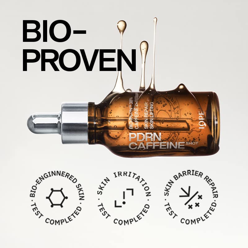 IOPE Bio-PDRN Caffeine Shot Serum moisture barrier illustration showing hydration protection.