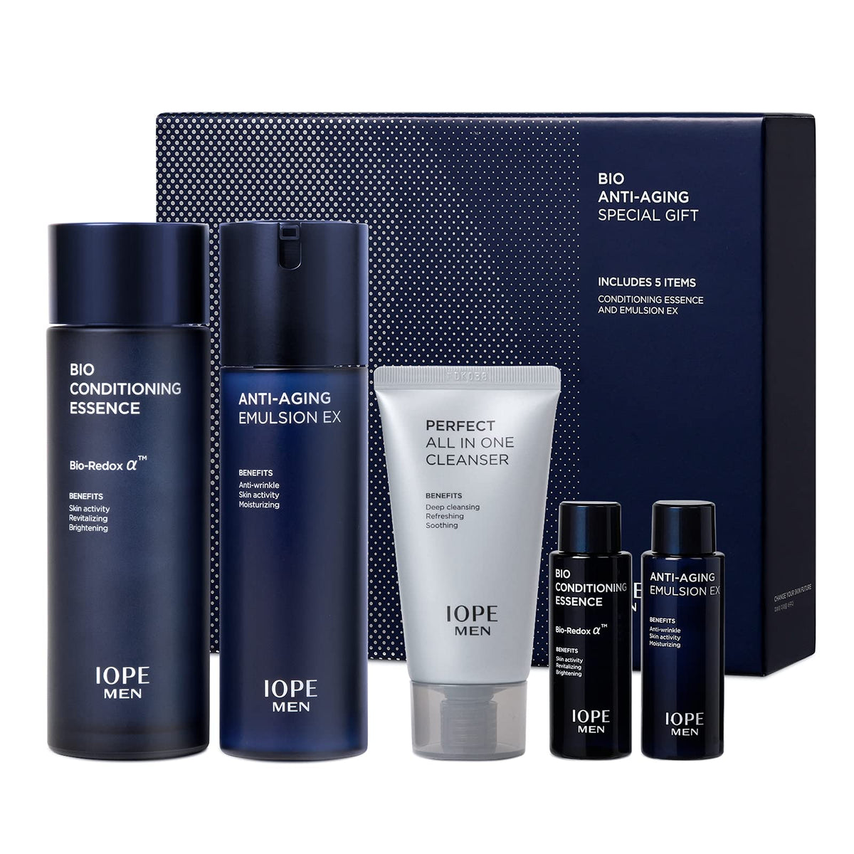 IOPE MEN BIO cleanser bottle shows gentle daily cleanse for sensitive skin