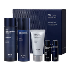 IOPE MEN BIO cleanser bottle shows gentle daily cleanse for sensitive skin