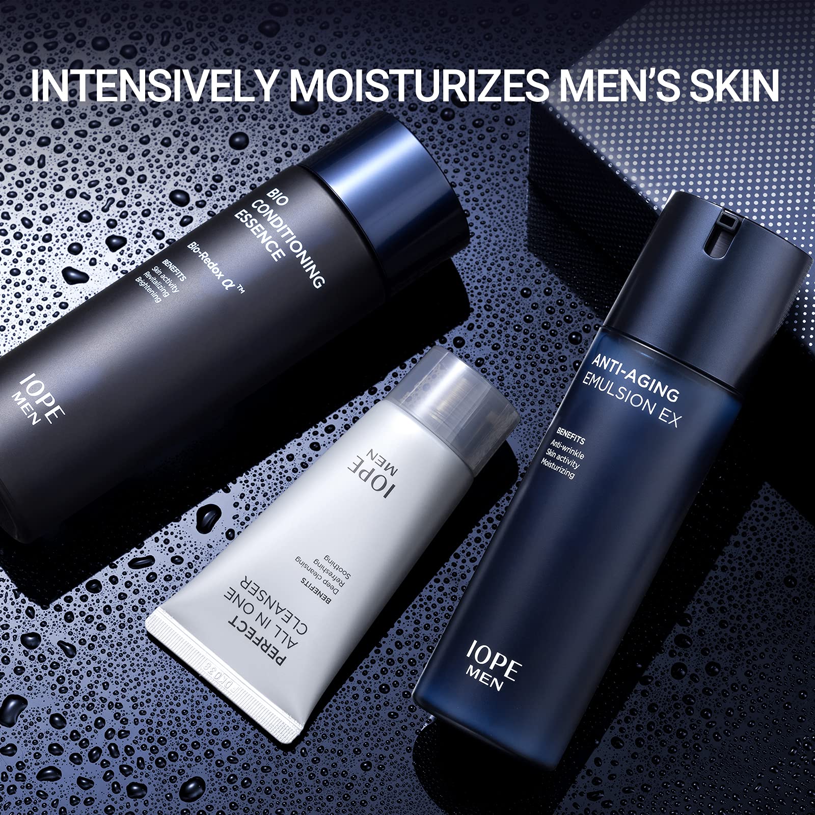 IOPE MEN BIO emulsion bottle delivers lightweight hydration for smoother skin