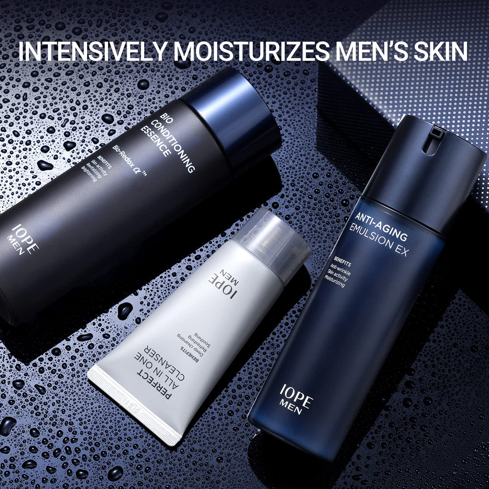IOPE MEN BIO emulsion bottle delivers lightweight hydration for smoother skin