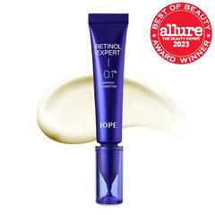 IOPE Retinol Expert dropper delivering precise pea-sized doses for safe nightly use.