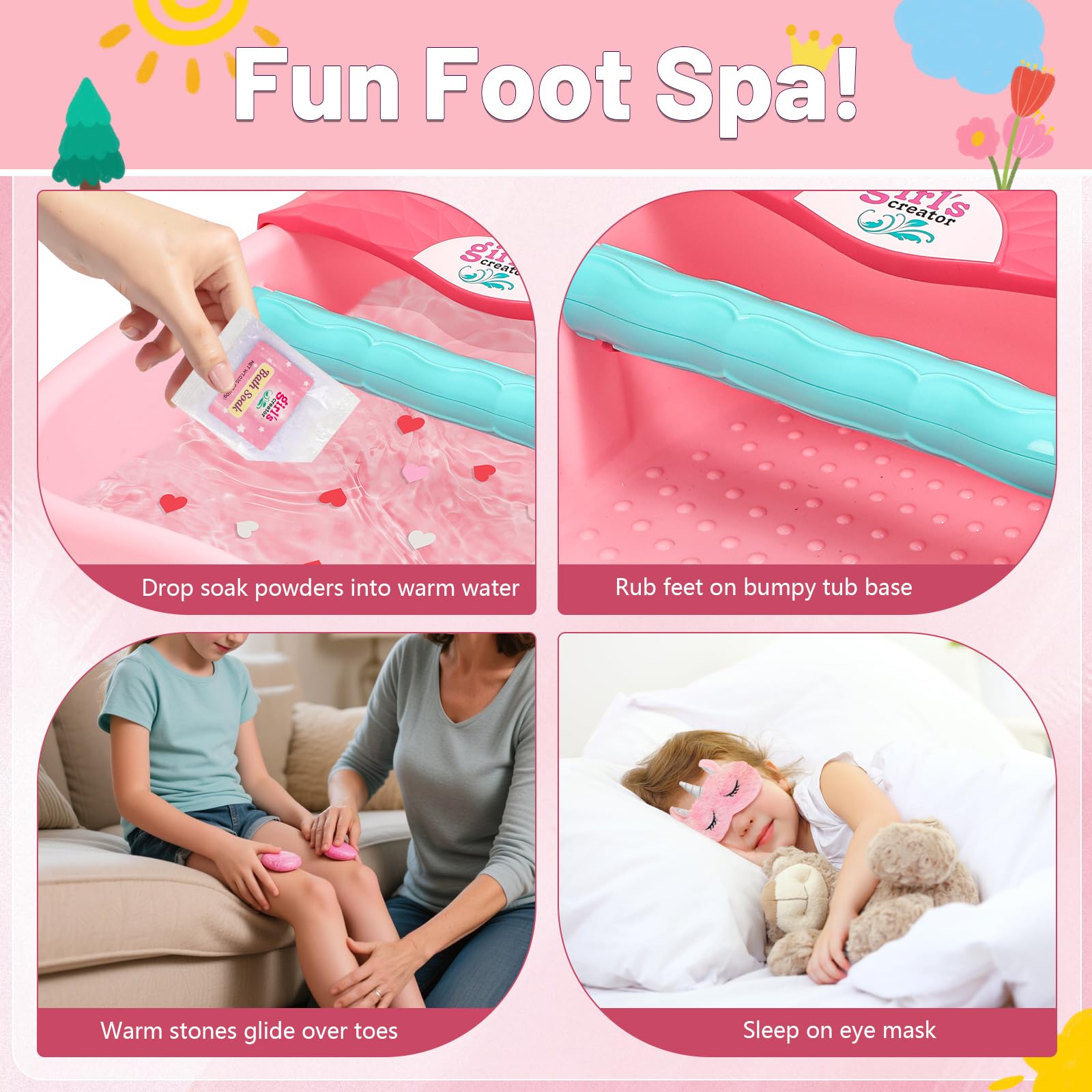 IPOOLTENG Kids Foot Spa Kit bath salts sparkly bubbles during bath time.