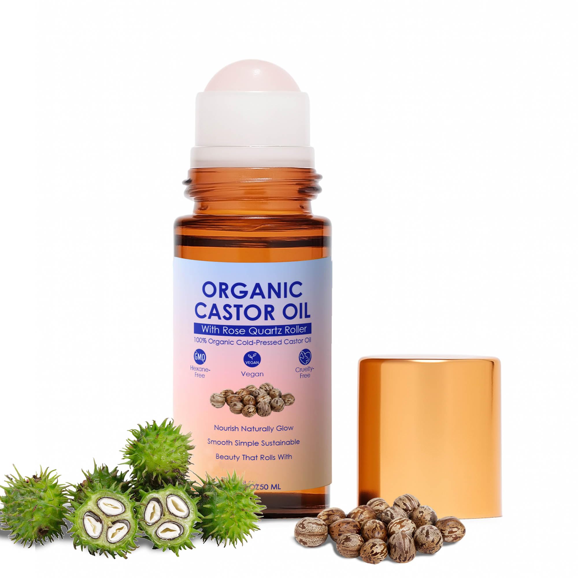 ipxkwll castor oil bottle with rose-quartz roller for precise, mess-free lash and brow care.