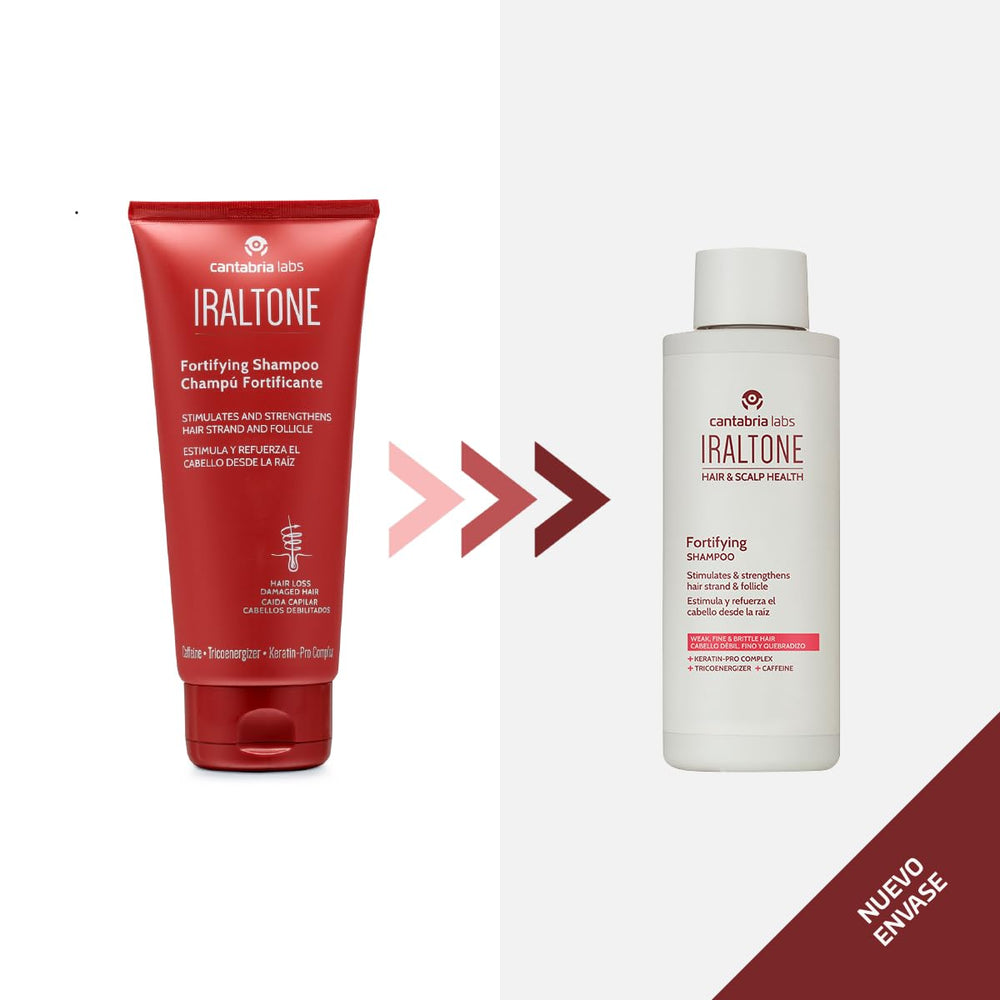 IRALTONE Fortifying Shampoo packaging display emphasizing product benefits and antioxidant power