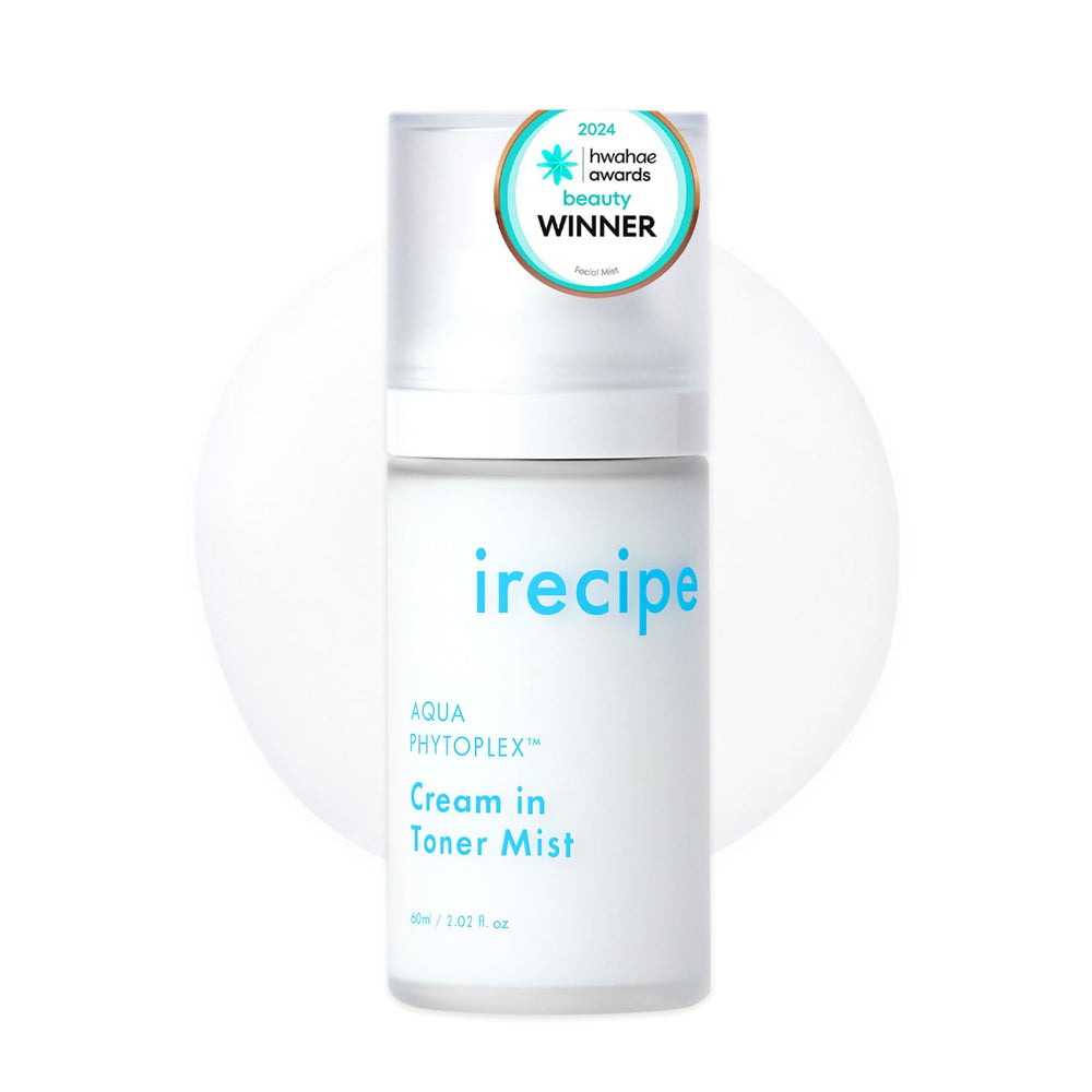 IRECIPE Aqua Phytoplex Cream in Toner Mist bottle close-up for instant hydration on the go.