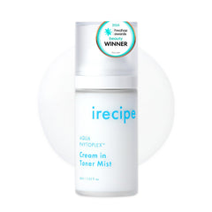 IRECIPE Aqua Phytoplex Cream in Toner Mist bottle close-up for instant hydration on the go.