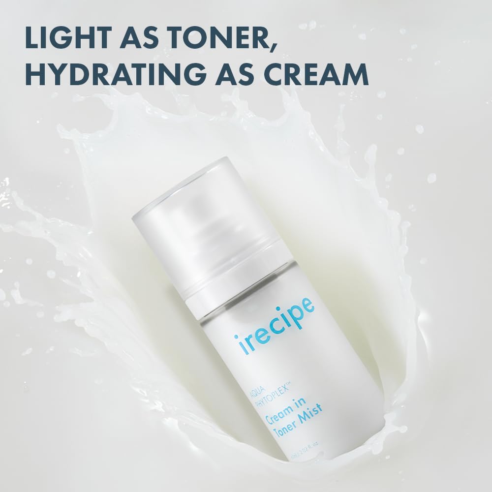 IRECIPE Aqua Phytoplex Cream in Toner Mist oils blend illustration highlights nourishing skincare benefits.