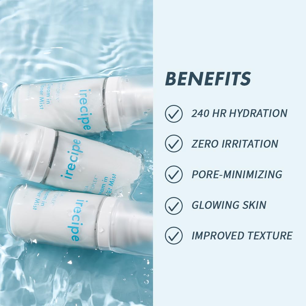 IRECIPE Aqua Phytoplex Cream in Toner Mist packaging side view highlights vegan, cruelty-free brand values.
