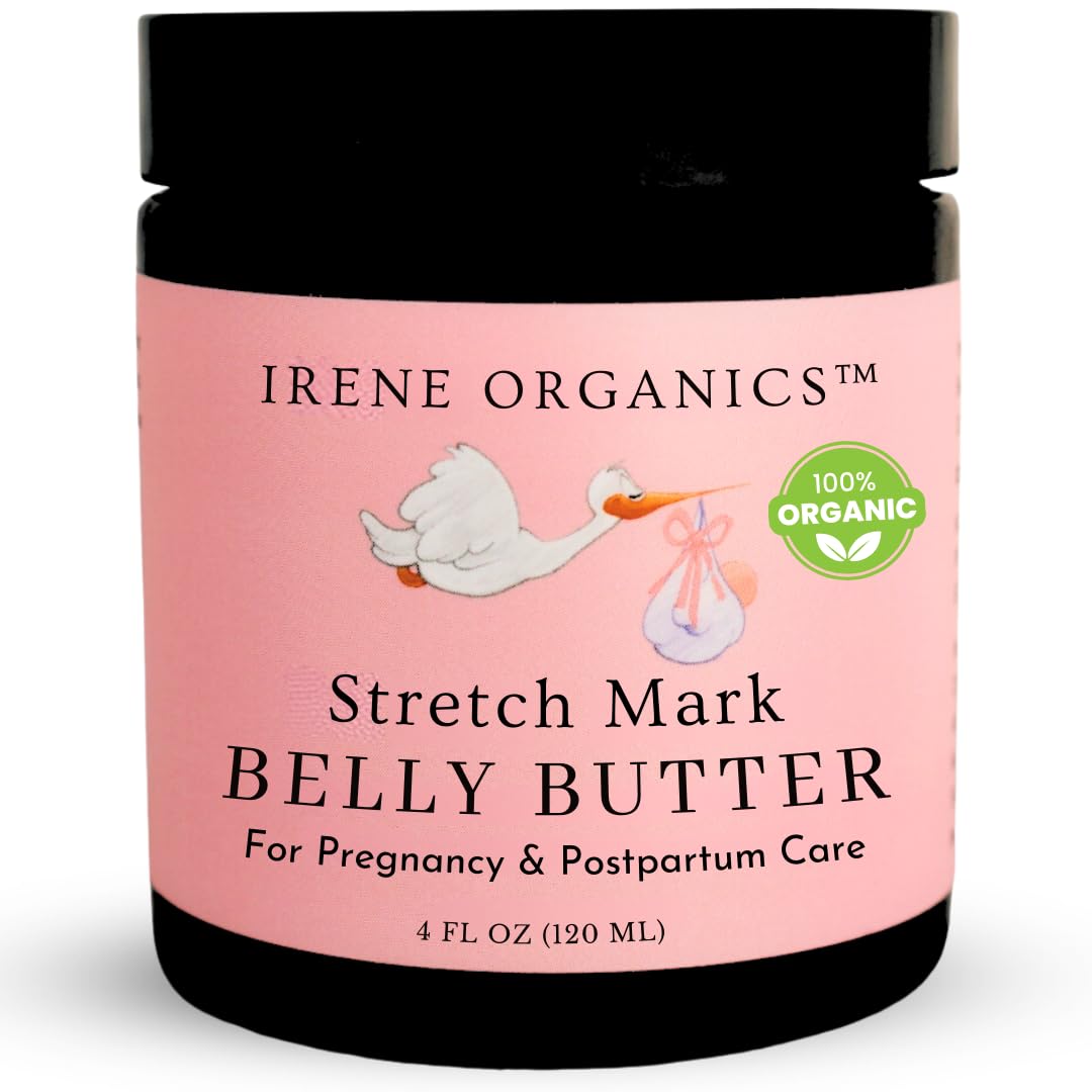 Irene Organics Belly Butter jar closeup showing hydrating formula for pregnancy