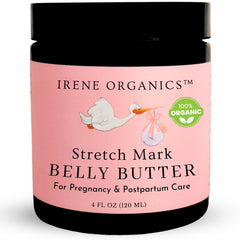 Irene Organics Belly Butter jar closeup showing hydrating formula for pregnancy