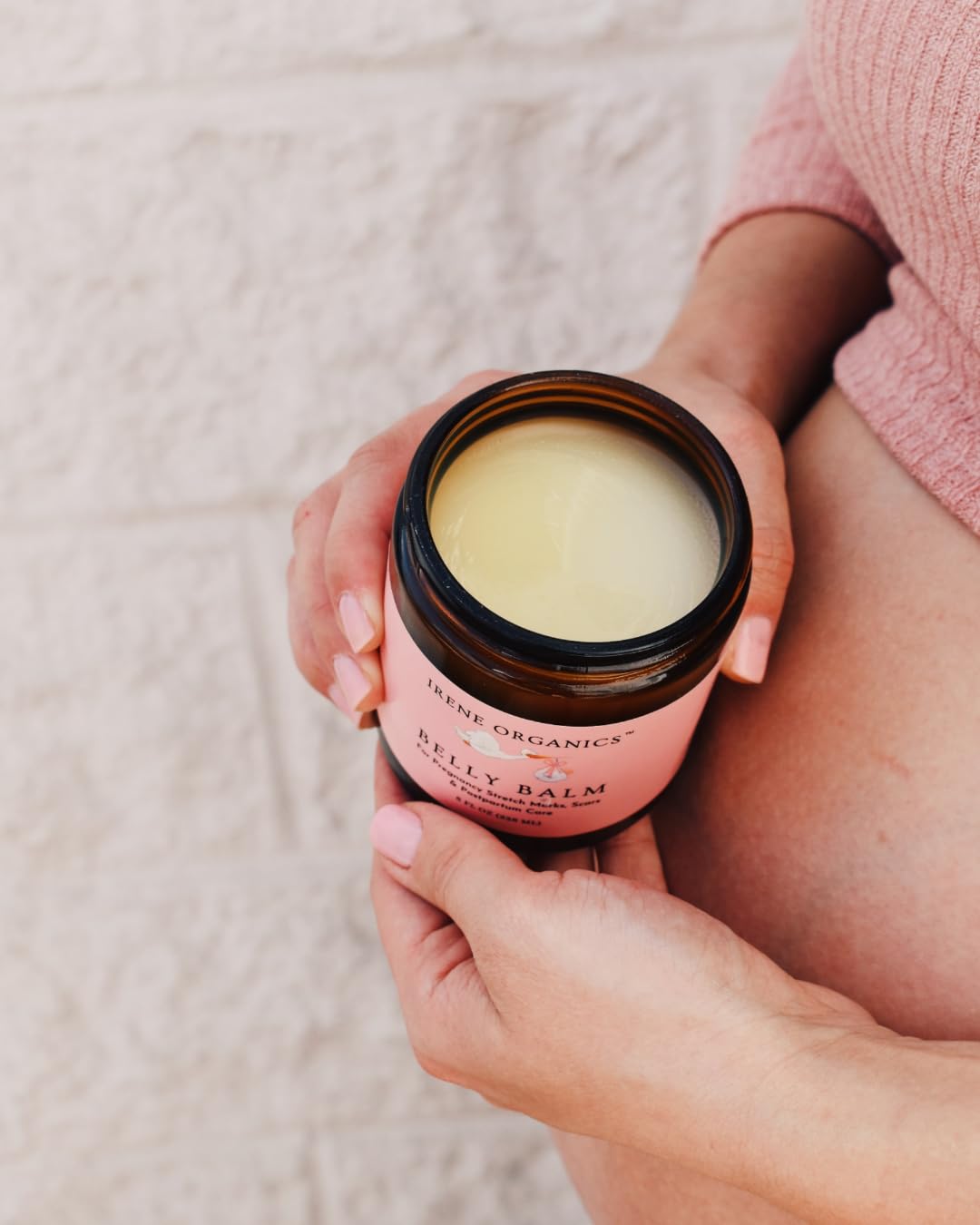 Irene Organics belly butter unscented jar emphasizing safe, pregnancy-friendly moisturizing