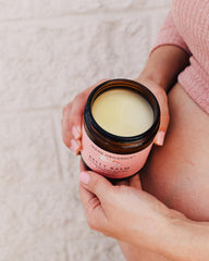 Irene Organics belly butter unscented jar emphasizing safe, pregnancy-friendly moisturizing