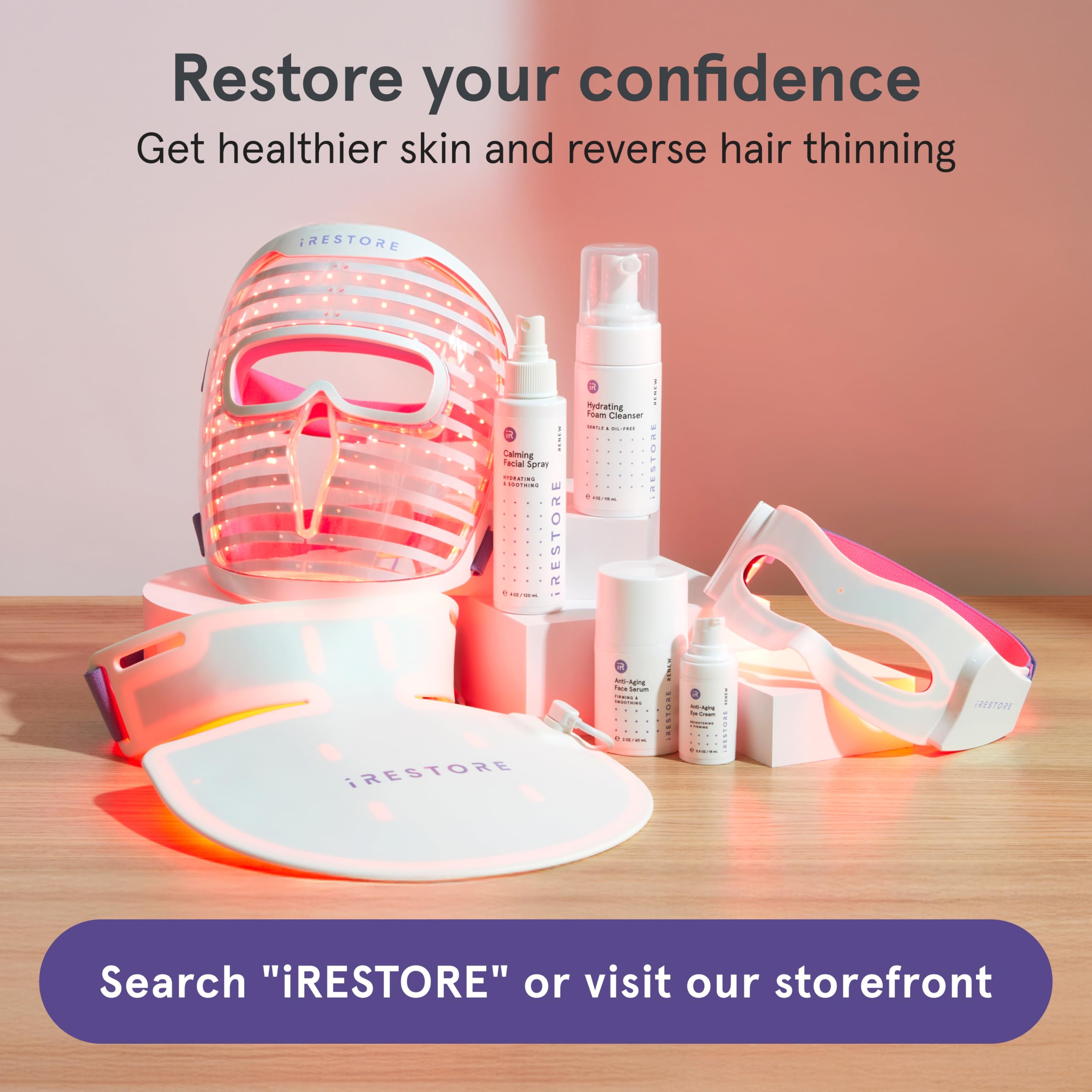 iRestore eye mask supports a calming wellness routine near the eyes.