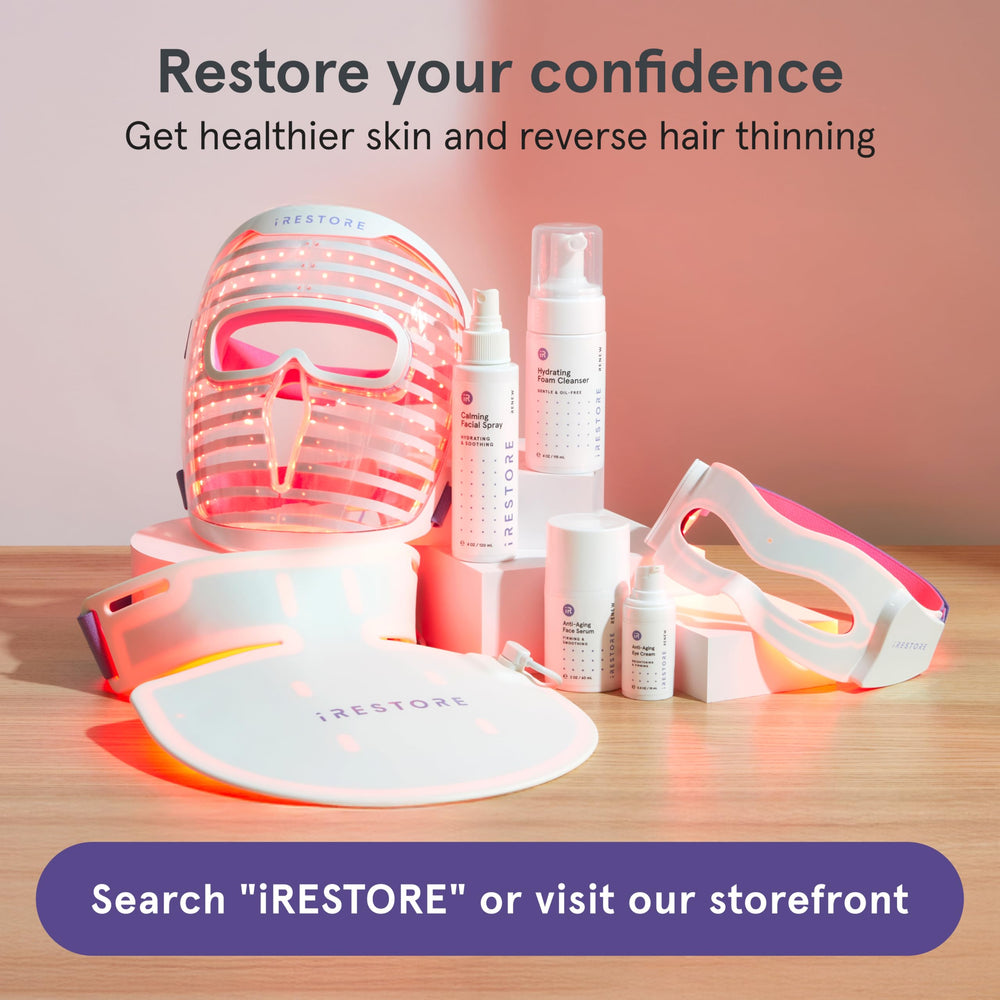 iRestore eye mask supports a calming wellness routine near the eyes.