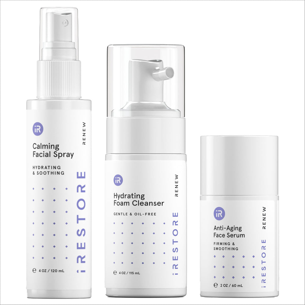iRestore skincare set cleanser-pump, refreshing prep for LED therapy.