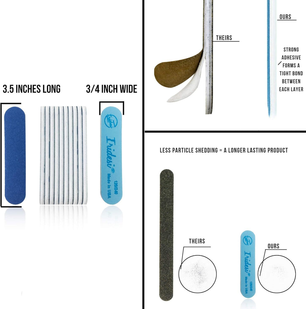 Iridesi mini blue nail files 120 grit side for shaping natural or acrylic nails.