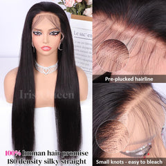 Iris Queen 180-density straight wig in natural black offers full volume.