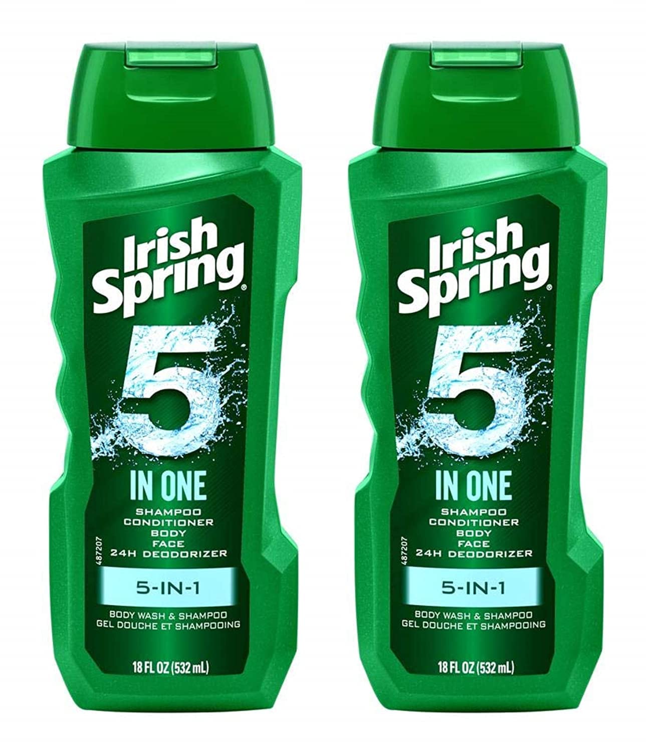 Irish Spring 5-in-1 bottle pour demonstrates versatile all-in-one wash for hair, face, and body.