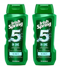 Irish Spring 5-in-1 bottle pour demonstrates versatile all-in-one wash for hair, face, and body.