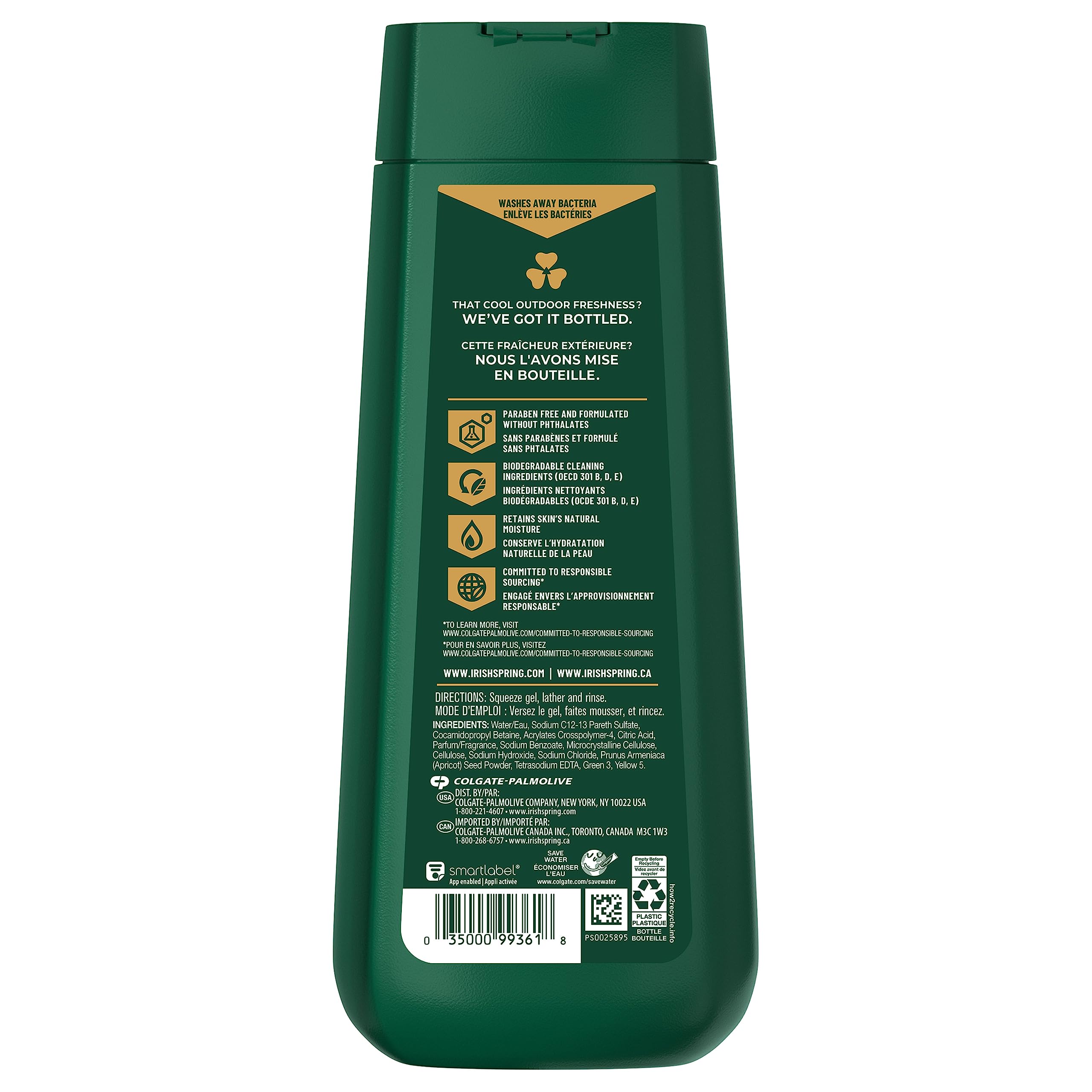 Irish Spring Active Scrub biodegradable ingredients label highlights eco-friendly cleansing.