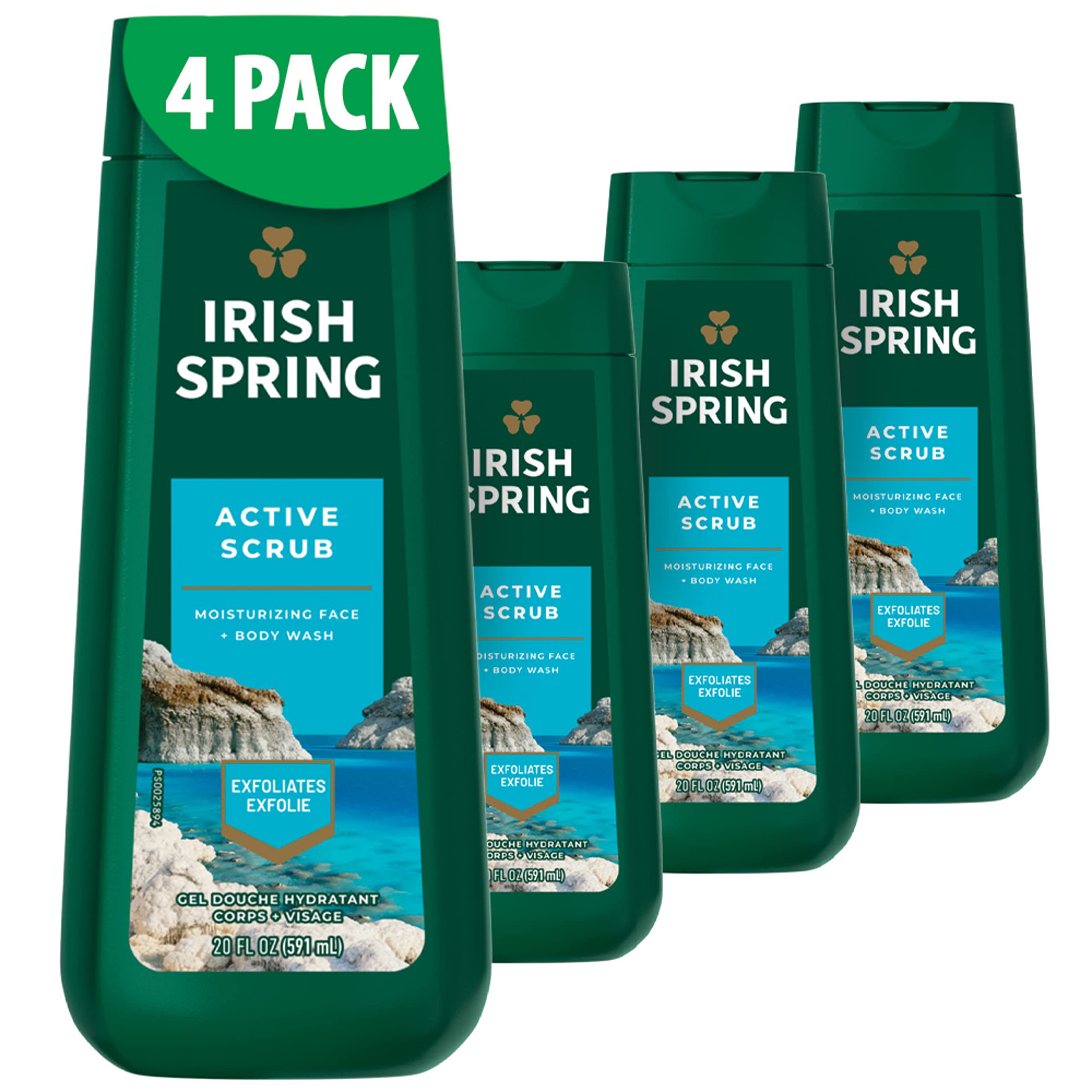 Irish Spring Active Scrub bottle in shower scene for daily refreshing cleanliness.