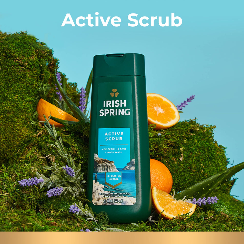Irish Spring Active Scrub exfoliating-beads detail emphasizes skin exfoliation and smooth feel.