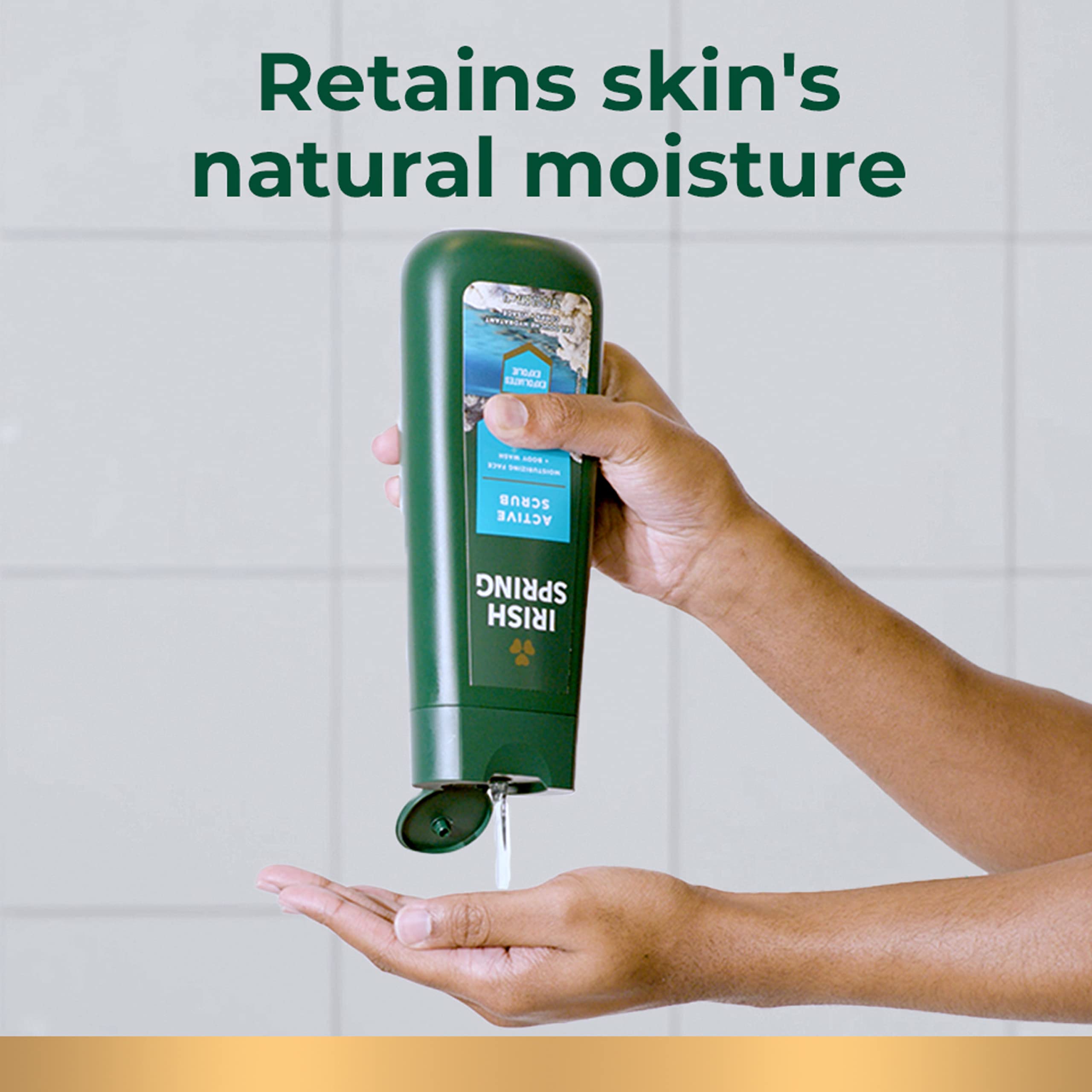 Irish Spring Active Scrub pump dispenser shown for easy, quick showers.