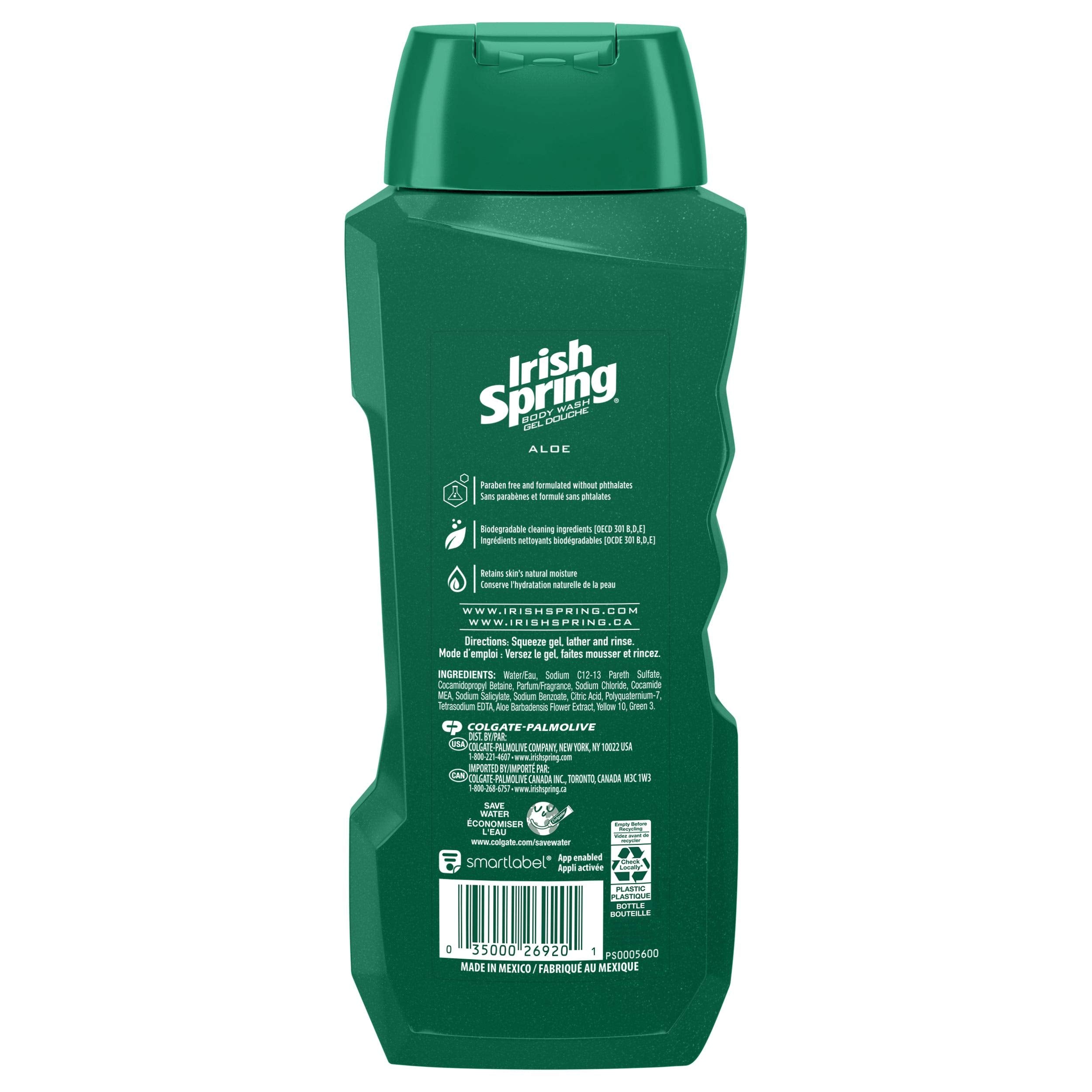 Irish Spring Aloe Bottle label highlights aloe and freshness