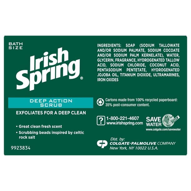 Irish Spring Deep Action Scrub Bar Soap in shower-scene conveys daily refreshing routine.