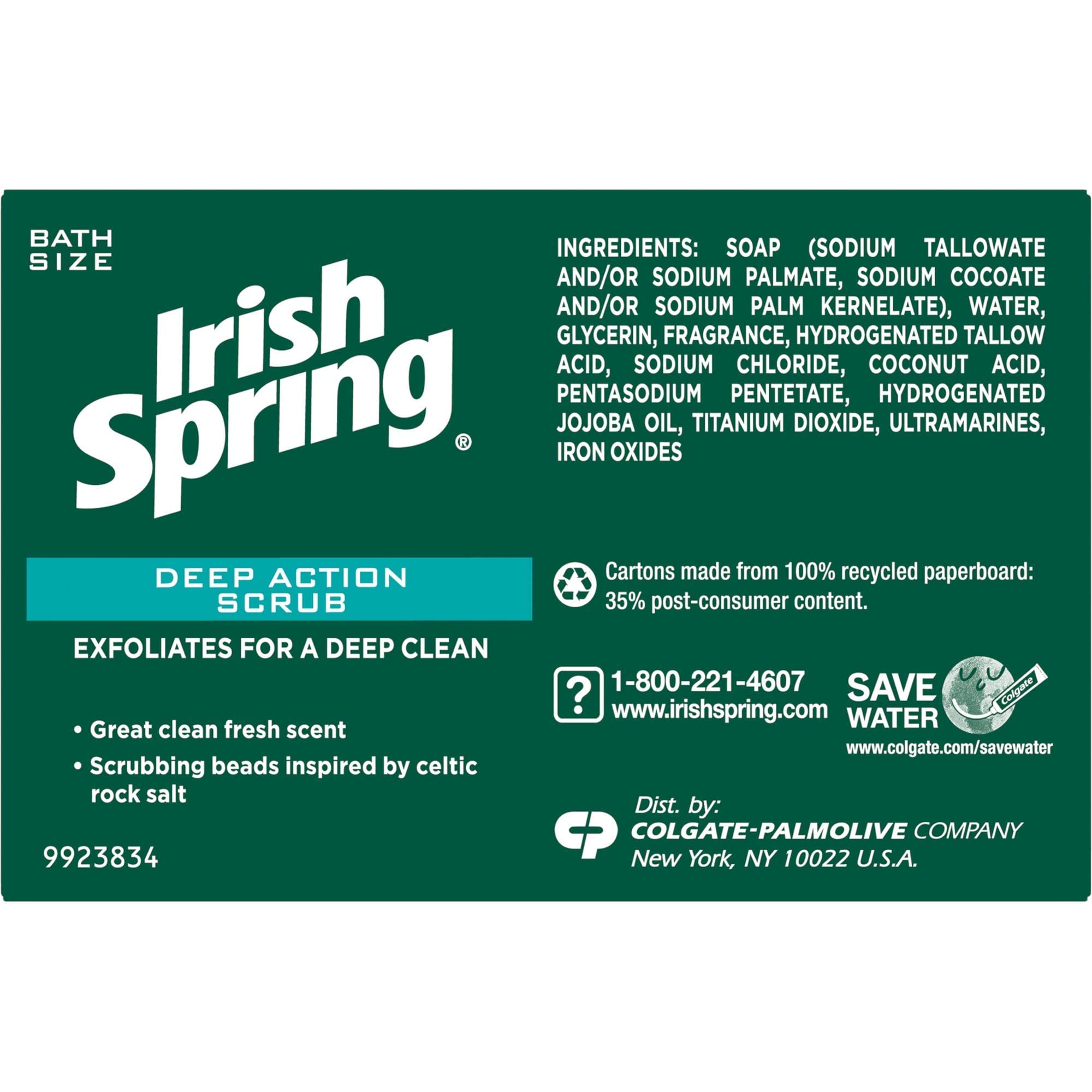 Irish Spring Deep Action Scrub Bar Soap pack-back highlights Celtic rock salt inspiration for renewed cleanse.
