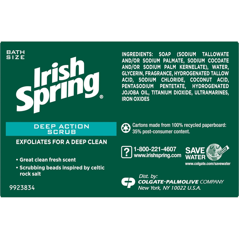 Irish Spring Deep Action Scrub Bar Soap pack-back highlights Celtic rock salt inspiration for renewed cleanse.