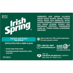 Irish Spring Deep Action Scrub Bar Soap pack-back highlights Celtic rock salt inspiration for renewed cleanse.