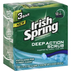 Irish Spring Deep Action Scrub Bar Soap pack-front shows exfoliating texture for revitalized skin.